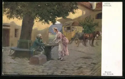 AK Mozart auf Reisen, Mozart sitzt unter einem Baum
