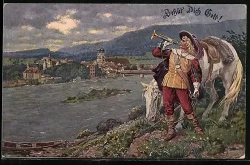 Künstler-AK Säckingen a. Rhein, Ortspartie mit Mann und Pferd am Wasser