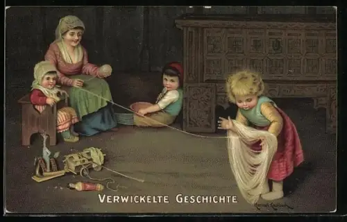 Künstler-AK Hermann Kaulbach: Verwickelte Geschichte, Mutter mit Kinder und Wolle