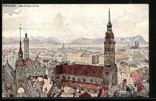 Künstler-AK Richard Wagner: München, Ortsansicht vom Rathausturm, mit Alpen