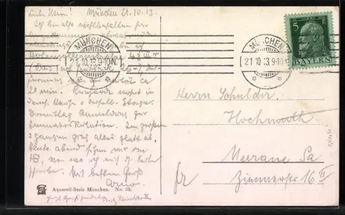 Künstler-AK Richard Wagner: München, Ortsansicht vom Rathausturm, mit Alpen