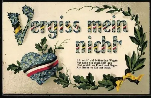 AK Herz aus Vergissmeinnicht und Kranz aus Lorbeer und Eichenlaub