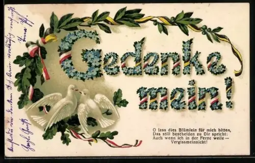 Glitzer-Perl-AK Gedenke mein, Zwei Tauben und deutsch-österreichische Schleifen
