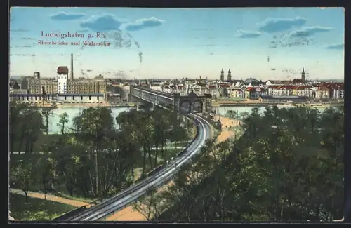 AK Ludwigshafen / Rhein, Blick auf die Walzmühle und Rheinbrücke