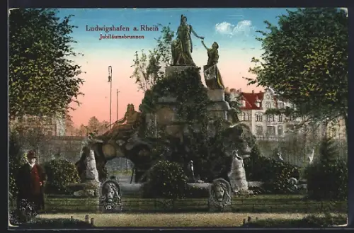 AK Ludwigshafen / Rhein, Mann am Jubiläumsbrunnen