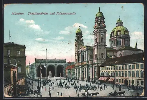 AK München, Soldaten marschieren an der Theatinerkirche und Feldherrnhalle vorbei, Pferdekutsche