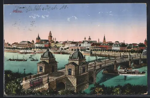 Künstler-AK Mainz, Teilansicht und Brücke mit Strassenbahn