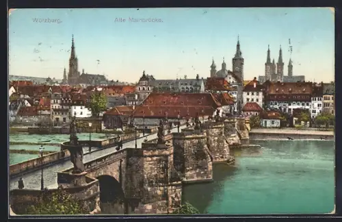 AK Würzburg, Alte Mainbrücke, Im Hintergrund Kirche