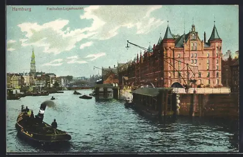 AK Hamburg, Freihafen-Lagerhäuser vom Wasser aus