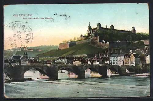AK Würzburg, Alte Mainbrücke mit Festung