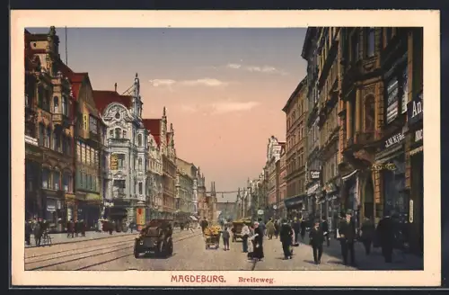 AK Magdeburg, Blick in die Strasse Breite Weg mit Geschäften