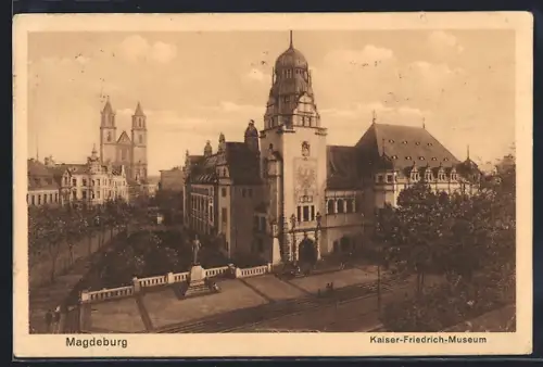 AK Magdeburg, Kaiser-Friedrich-Museum mit Denkmal