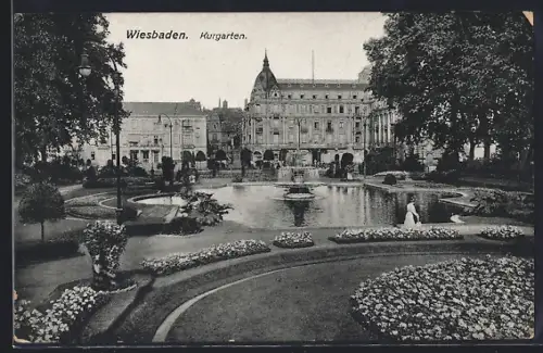 AK Wiesbaden, Kurgarten mit Springbrunnen
