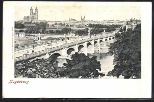 AK Magdeburg, Uferpartie mit Brücke