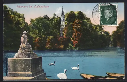 AK Ludwigsburg / W., Statue im Schloss Monrepos mit Blick auf Turm