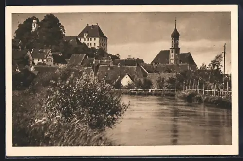 AK Burgau / Schwaben, Uferpartie mit Bäumen