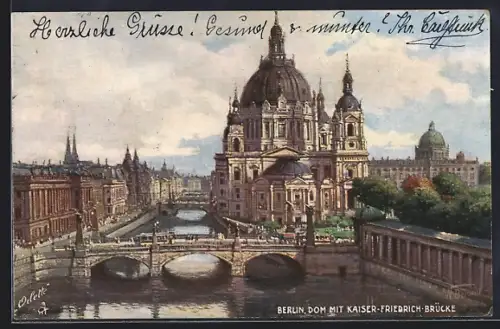 Künstler-AK Berlin, Dom mit Kaiser Friedrich-Brücke, Strassenbahn