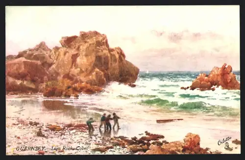 Künstler-AK Cobo Bay /Guernsey, Lion Rock