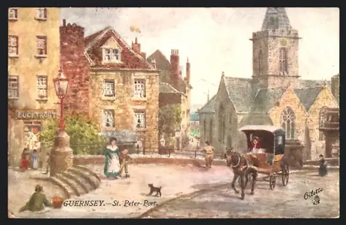 Künstler-AK St. Peter-Port /Guernsey, Church, Street Scene