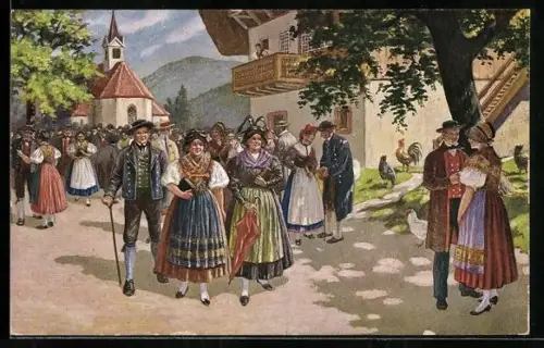 AK Kinzingtal, Damen u. Herren in Schwarzwälder Tracht kommen aus der Kirche, Hühner