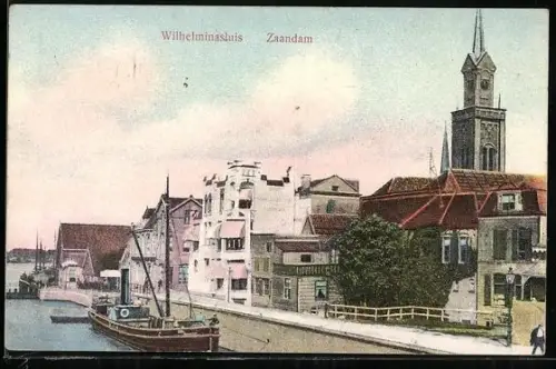 AK Zaandam, Wilhelminasluis, Stadtblick mit Schleuse
