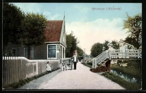 AK Westzaan, Ortspartie mit Brücke und Hundegespann