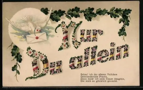 Glitzer-Perl-AK Nur Du allein Schriftzug aus Blumen, weisse Taube bringt Brief