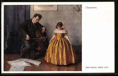 Künstler-AK Chaconne, Mädchen verneigt sich zum Tanz vor einem Cellospieler