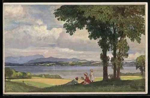 Künstler-AK Corneille Max: Unter den Eichen, Mutter mit ihren 2 Töchtern auf der Wiese