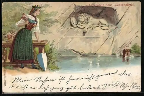 Lithographie Luzern, Schweizerin in Tracht am Löwendenkmal, Wappen