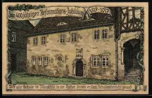 Künstler-AK Kallista: Mansfeld / Hettstedt, Partie an der alten Schule