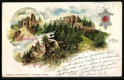 Lithographie Helfenburk, Ruine aus diversen Perspektiven