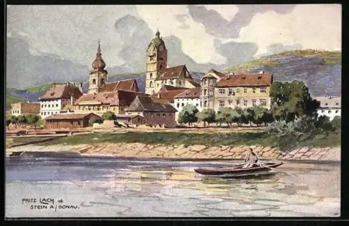 Künstler-AK Fritz Lach: Stein a.d Donau, Ruderboot vor der Ortschaft