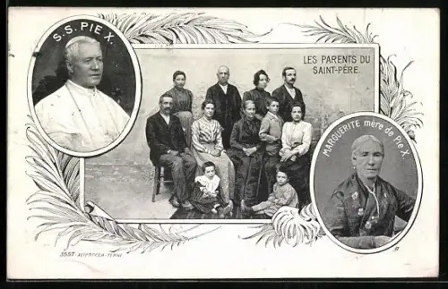AK Porträt v. Papst Pius X., Gruppenfoto seiner Familie und Porträt seiner Mutter Marguerite