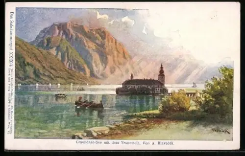 Künstler-AK Philipp + Kramer Nr. XXIX /4: Gmunden, Gmundner See mit dem Traunstein