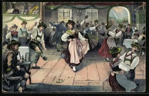 AK Männer und Frauen tanzen in einem Raum den Schuhplattler