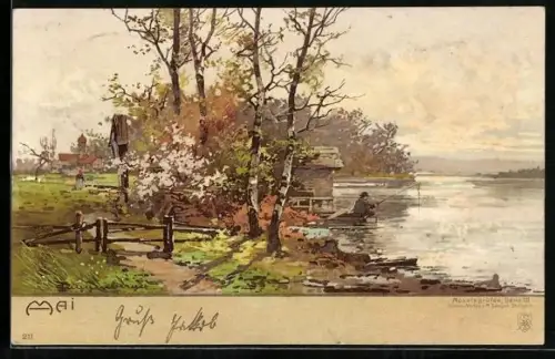 Künstler-AK Theodor Guggenberger: Mai, Frühlingslandschaft mit Angler