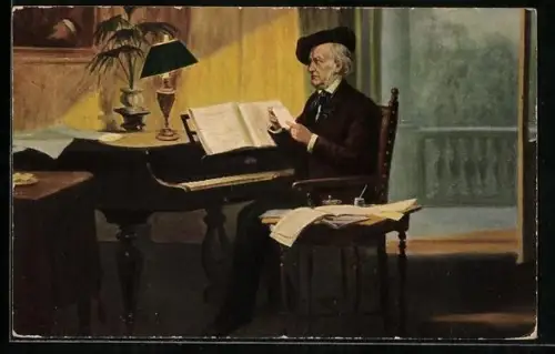 Künstler-AK Komponist Richard Wagner am Klavier sitzend
