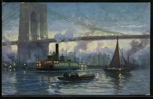 Künstler-AK Alexander Kircher: New York, NY, Brooklyn Bridge, Schiffe