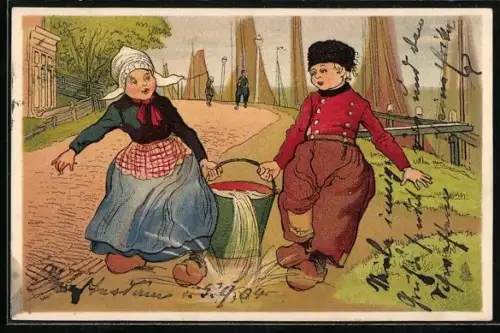 Künstler-AK niederländisches Paar als Wasserträger im Eimer