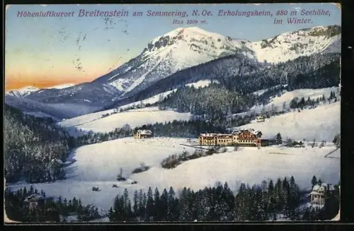 AK Breitenstein am Semmering, Blick auf das Erholungsheim mit Rax im Winter