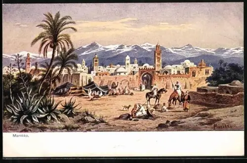 Künstler-AK Friedrich Perlberg: Marokko, Ansicht einer Stadt, Reiter zu Pferde