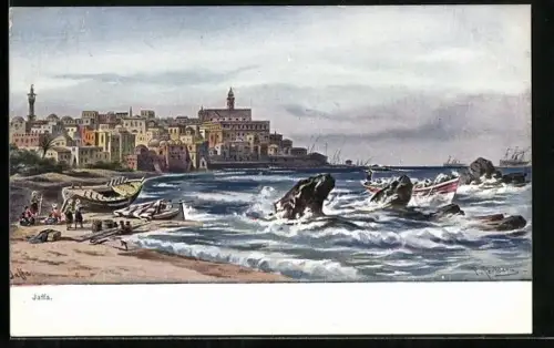 Künstler-AK Jaffa, Felsige Brandung mit Blick zur Stadt