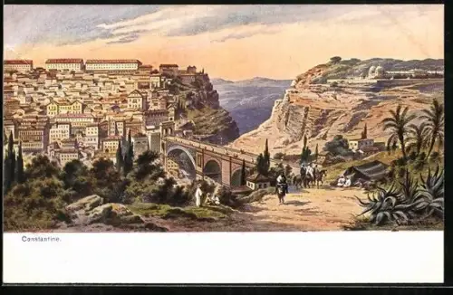 Künstler-AK Friedrich Perlberg: Constantine, Reiter an der Brücke und Blick auf die gesamte Stadt