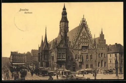 AK Breslau, Rathaus mit Kutschen