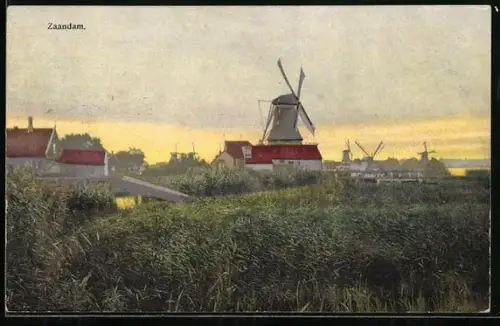 Künstler-AK Photochromie Nr. 2944: Zaandam, Windmühle im Abendlicht