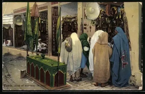 AK Tunis, Souk et tombeau de saint, Vermummte Frauen