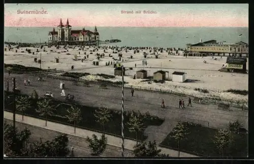 AK Swinemünde, Blick auf den Strand mit Brücke