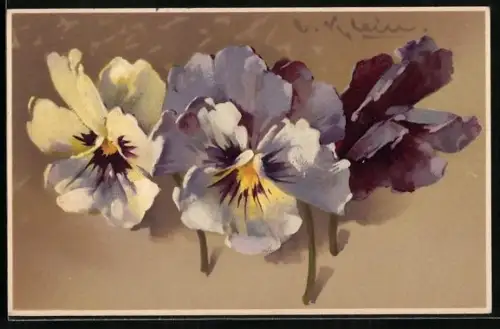 Künstler-AK Catharina Klein: Drei Stiefmütterchen-Blüten