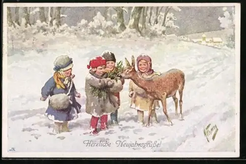Künstler-AK Karl Feiertag: Kinder füttern ein Reh im Schnee, Neujahrsgrüsse